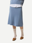 Women's Dusty Blue   A-Line Cashmere Knitted Skirt worn by model, front view on white background