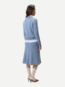 Women's Cropped Crewneck Cashmere Sweater Dusty Blue worn by model, back view on white background