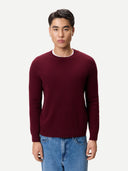 Men's Ribbed Cashmere Sweater Zinfandel  worn by model, detail view on white background