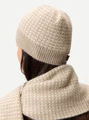 Waffle Knit Cashmere Hat Warm Grey worn by model back view on white background