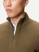 Men's Cashmere Waffle Knit Half-Zip Sweater Cub worn by model, detail view on white background