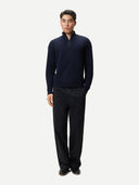 Men's Cashmere Waffle Knit Half-Zip Sweater Navy Blazer worn by model, front view on white background