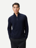 Men's Cashmere Waffle Knit Half-Zip Sweater Navy Blazer worn by model, detail view on white background