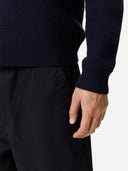 Men's Cashmere Waffle Knit Half-Zip Sweater Navy Blazer worn by model, detail view on white background