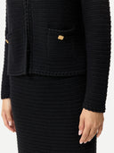 Women's Textured Knit Cashmere Jacket-Style Cardigan Black worn by model, detail view on white background