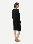 Women's Textured Knit Cashmere Jacket-Style Cardigan Black worn by model, back view on white background