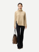 Women's Cashmere Sweater with Detachable Collar Beige worn by model, front view on white background