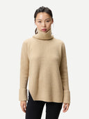 Women's Cashmere Sweater with Detachable Collar Beige worn by model, detail view on white background