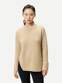 Women's Cashmere Sweater with Detachable Collar Beige worn by model, detail view on white background