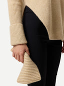 Women's Cashmere Sweater with Detachable Collar Beige worn by model, detail view on white background