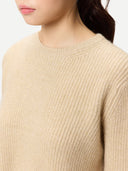 Women's Cashmere Sweater with Detachable Collar Beige worn by model, detail view on white background