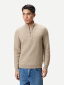 Men's Organic Colour Cashmere Waffle Knit Half-Zip Sweater Warm Grey worn by model, detail view on white background