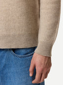 Men's Organic Colour Cashmere Waffle Knit Half-Zip Sweater Warm Grey worn by model, detail view on white background