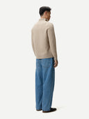 Men's Organic Colour Cashmere Waffle Knit Half-Zip Sweater Warm Grey worn by model, back view on white background