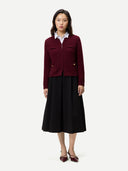 Women's Textured Knit Cashmere Jacket-Style Cardigan Zinfandel worn by model, front view on white background