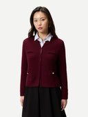 Women's Textured Knit Cashmere Jacket-Style Cardigan Zinfandel worn by model, detail view on white background