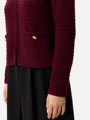 Women's Textured Knit Cashmere Jacket-Style Cardigan Zinfandel worn by model, detail view on white background