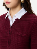 Women's Textured Knit Cashmere Jacket-Style Cardigan Zinfandel worn by model, detail view on white background
