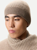 Waffle Knit Cashmere Hat Taupe worn by model detail view on white background