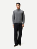 Men's Cashmere Waffle Knit Half-Zip Sweater Stone Gray worn by model, front view on white background