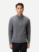 Men's Cashmere Waffle Knit Half-Zip Sweater Stone Gray worn by model, detail view on white background