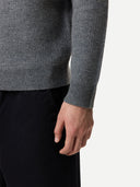 Men's Cashmere Waffle Knit Half-Zip Sweater Stone Gray worn by model, detail view on white background