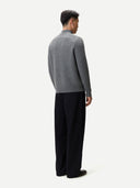 Men's Cashmere Waffle Knit Half-Zip Sweater Stone Gray worn by model, back view on white background