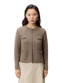Natural Color Textured Knit Cashmere Jacket-Style Cardigan worn by a model, featuring textured knit and braided trim.