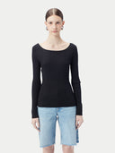 A woman wearing a ribbed cotton silk cashmere blend sweater in black color with a V-neckline and long sleeves, paired with a pair of light blue denim shorts. 
#color_graphite-black