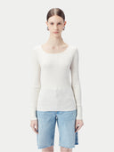 A white ribbed knit sweater with a wide boat neckline, long sleeves, and ribbed cuffs and hem, shown flat against a light gray background. #color_pure-white