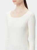 A white ribbed knit sweater with a wide boat neckline, long sleeves, and ribbed cuffs and hem, shown flat against a light gray background. #color_pure-white