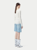 A white ribbed knit sweater with a wide boat neckline, long sleeves, and ribbed cuffs and hem, shown flat against a light gray background. #color_pure-white