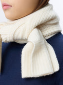 Wide Rib Knit Scarf White worn by model, front view on white background