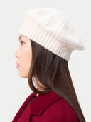 Textured Knit Beret White worn by model, side view on white background
