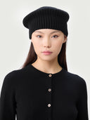 Textured Knit Beret Black worn by model front view on white background #color_black