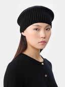 Textured Knit Beret Black worn by model side view on white background #color_black
