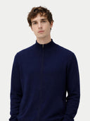 Men's Navy Full-Zip Cashmere Cardigan worn by model, detail view on white background