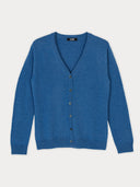 Blue cashmere cardigan on a light gray background. #color_blue