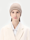 Unisex Organic Cashmere Rib Knit Hat Taupe worn by model, detail view on white background