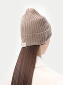 Unisex Organic Cashmere Rib Knit Hat Taupe worn by model, back view on white background
