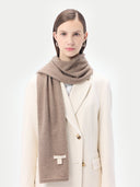 Unisex Organic Cashmere Jersey Knit Scarf Taupe worn by model, detail view on white background