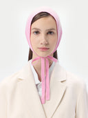Women's Cashmere Mohair Bonnet Pink Frosting worn by model, detail view on white background
