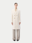 Women's Notch Lapel Midi-Length Cashmere Coat White worn by model front view on white background