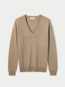 A light brown V-neck knit cashmere sweater with long sleeves and ribbed cuffs and hem, displayed flat against a light gray background. #color_taupe