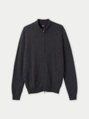 A dark charcoal gray zip-up knit cashmere cardigan sweater with a stand collar, displayed flat against a light gray background. #color_charcoal 