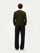 Men's Capulet Olive Crewneck Cashmere worn by model, back view on white background