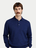 Men's Navy Cashmere Polo Sweater worn by model, detail view on white background