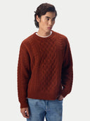 A man wearing a rust-brown cable-knit crewneck sweater over a white undershirt and blue jeans, photographed against a light gray studio background.