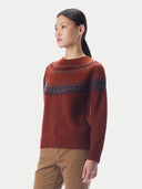 A woman wearing a rust-brown knit sweater with a dark blue geometric pattern across the chest, paired with brown pants, photographed against a light gray studio background.