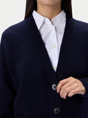 A close-up of a person wearing a dark navy knit cardigan over a white button-up shirt, with the cardigan buttons visible and a plain light background.